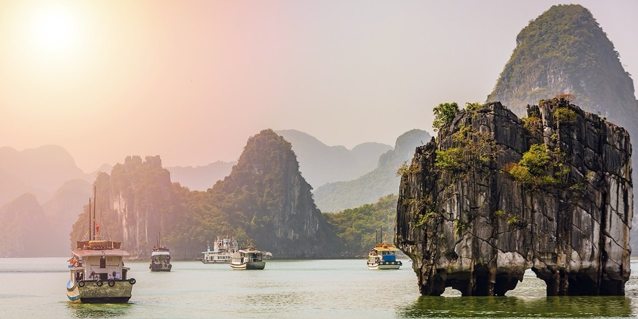 Halong Bay is famous for its limestone karts rising out of the water