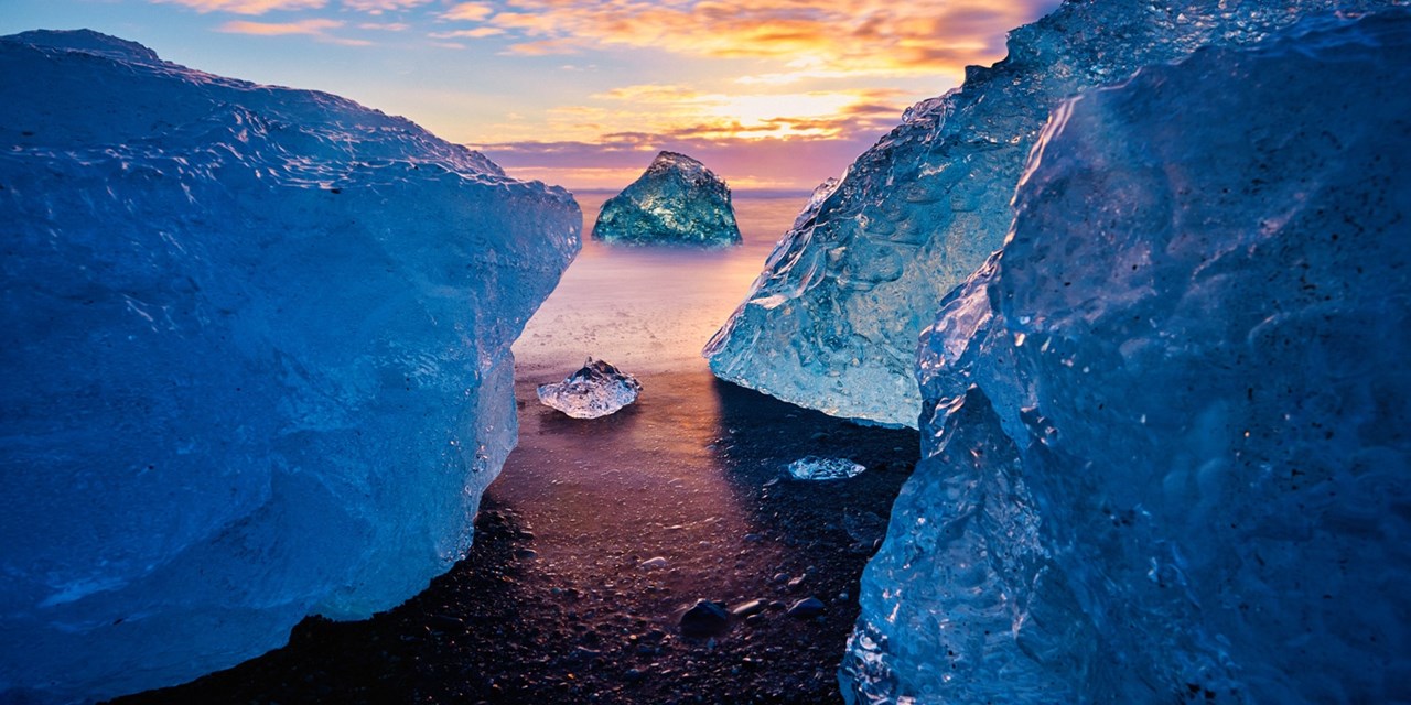 Diamond Beach (Breiðamerkursandur) is a black-sand beach, famous for its glittering glacier ice chunks