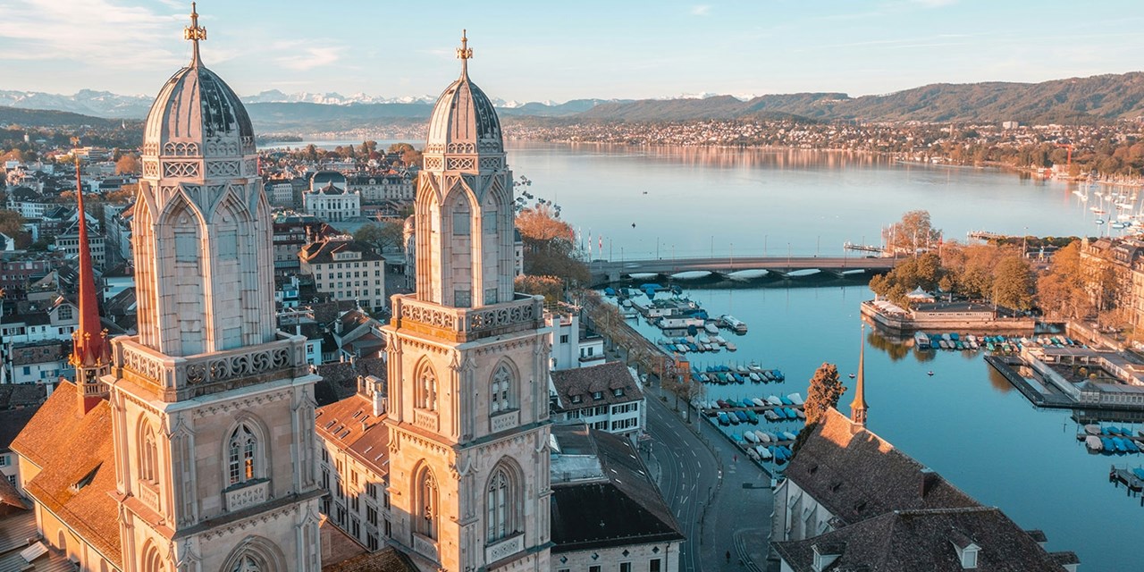 Grossmünster's twin towers overlook Zurich and Lake Zurich