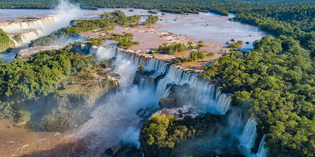 An aerieal view of the powerful Iguazu Falls in Brazil