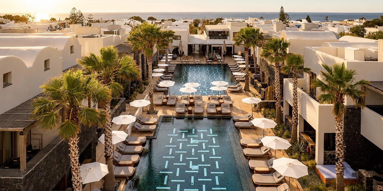Relax at the pool at the 5-star Radisson Blu Zaffron Resort in Santorini