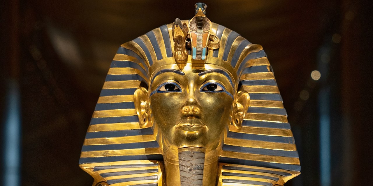 The gold Burial Mask of Tutankhamun at the Grand Egyptian Museum