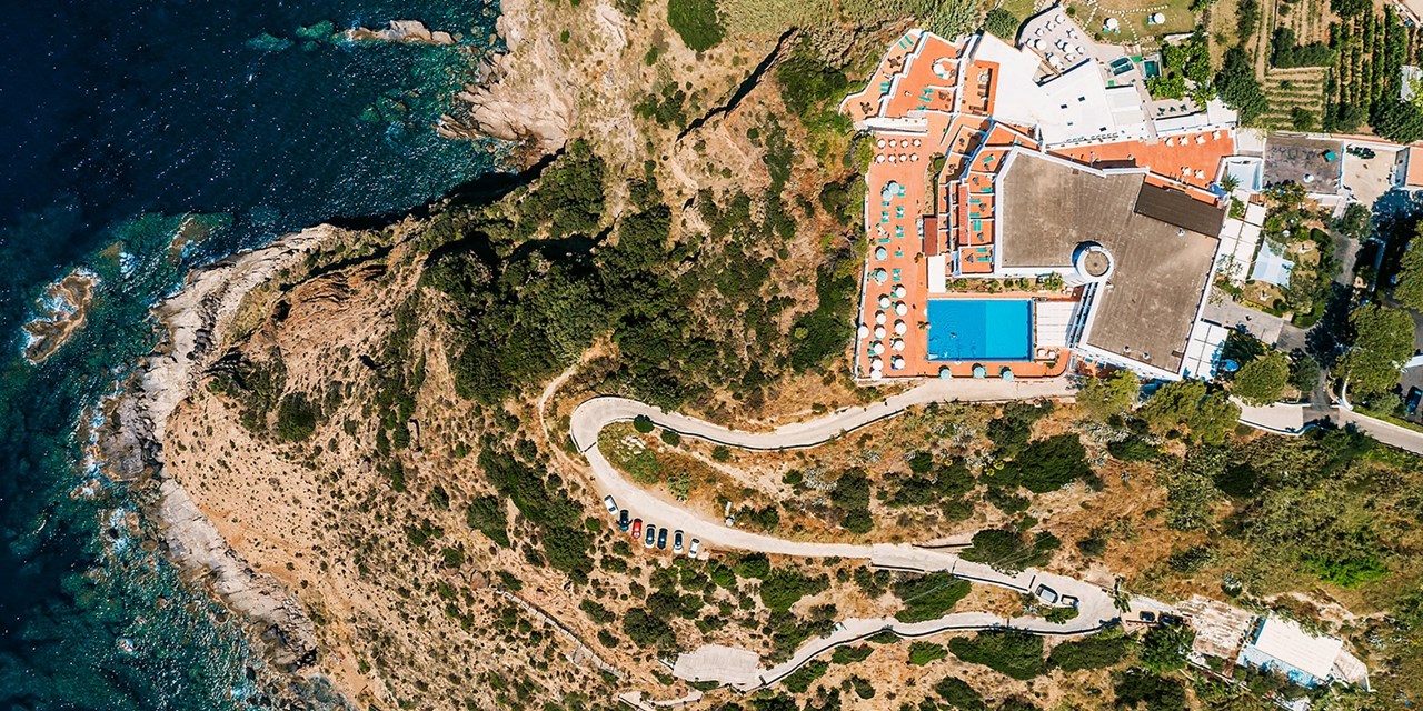 Aerial view of the cliffside Hotel Grazia alla Scanella in Ischia