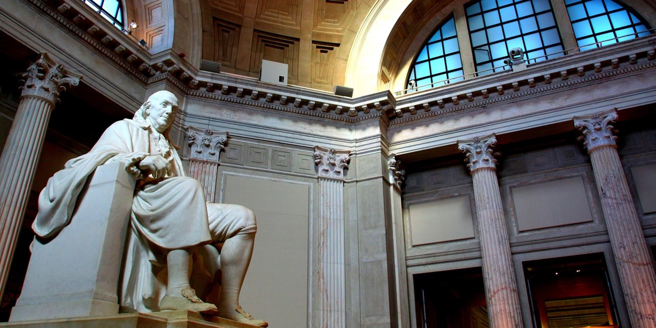 Ben Franklin presides over his namesake, the Franklin Institute