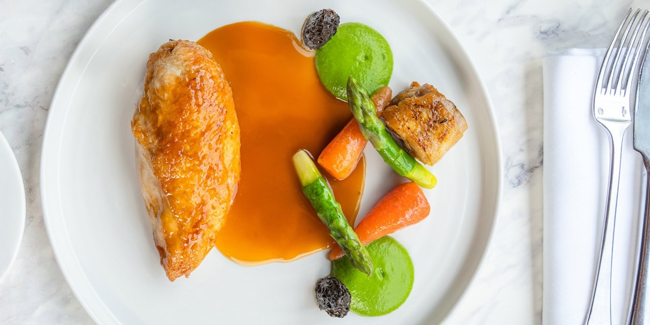 Cotswold white chicken with Wye Valley asparagus, heritage carrots and morels