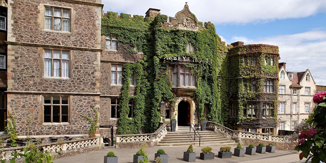 The hotel's ivy-clad exterior