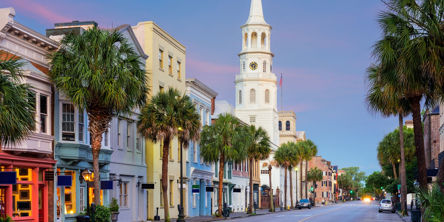 Drive 10 minutes and visit Rainbow Row, a series of pastel-colored Georgian row houses