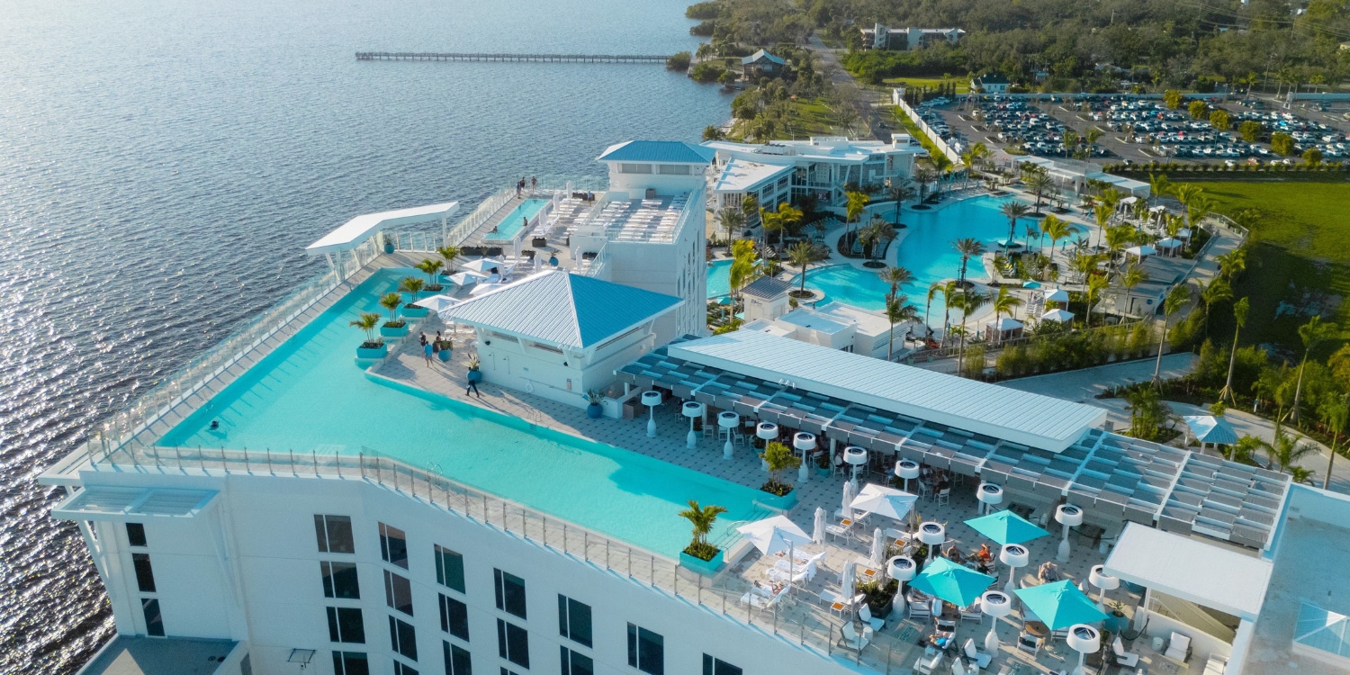 The rooftop adults-only (18+) pool, Level Blue, offers sweeping water views