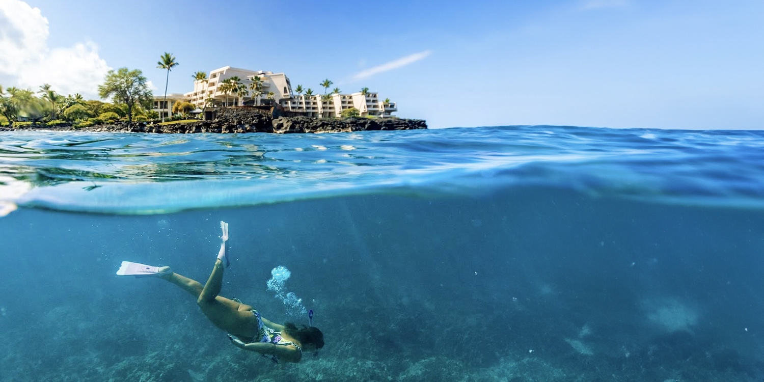 Guests can snorkel and see giant manta rays up close in Keauhou Bay