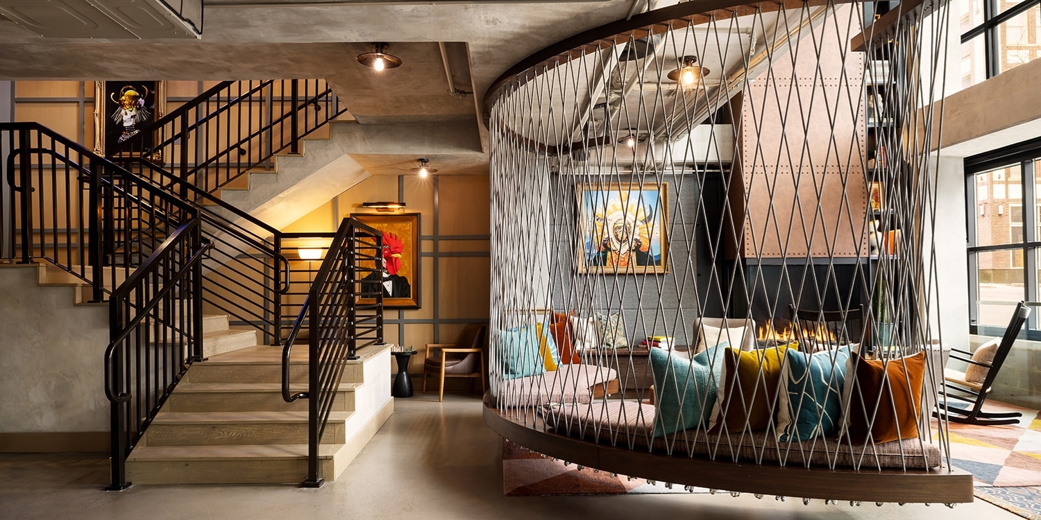 Contemporary touches adorn the spaces at Moxy Ashville