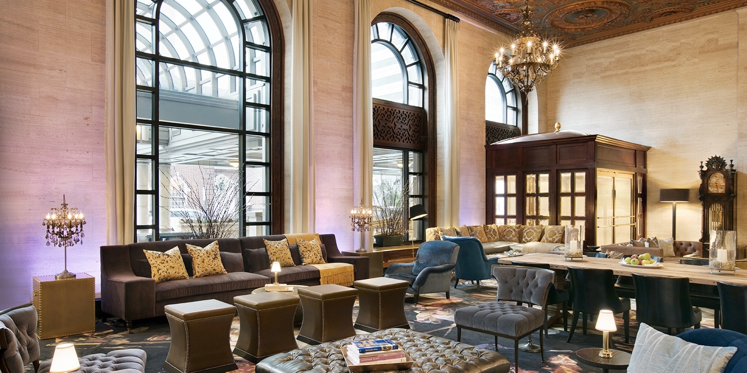 The lobby's gilded ceilings and chandeliers make for a grand first impression