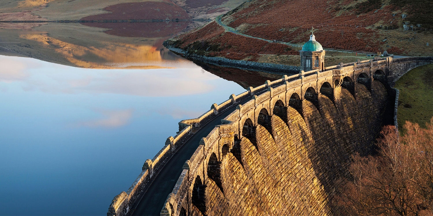 The picturesque Elan Valley is filled with dams, reservoirs, and rugged scenery