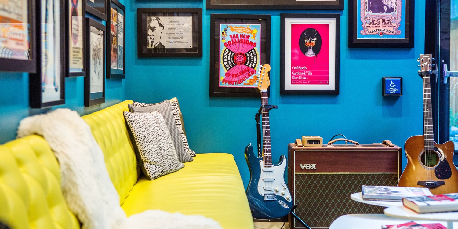 Vintage memorabilia and vibrant pops of color set the tone at this eclectic music-themed property